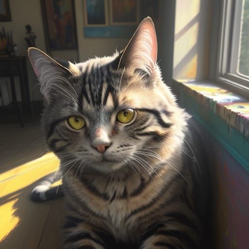 Old Cat Portrait in Neo-Impressionist Style