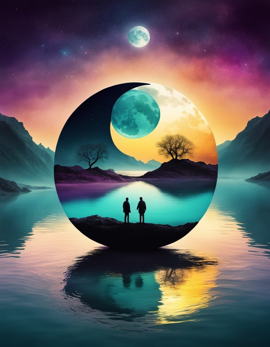 Surreal Yin Yang Sun Moon Over Vibrant Sunset