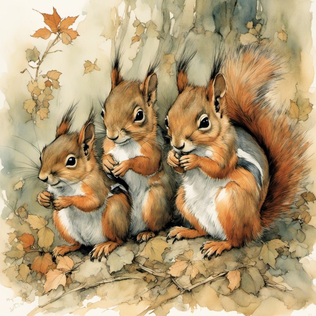 Whimsical Squirrels Illustration with Watercolor Elements