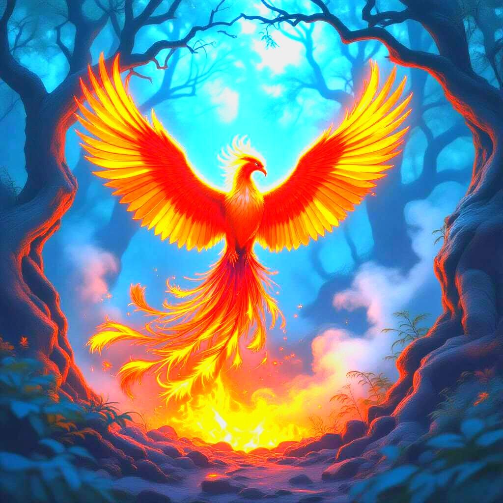 Majestic Phoenix Rises From Embers in Enchanted Forest