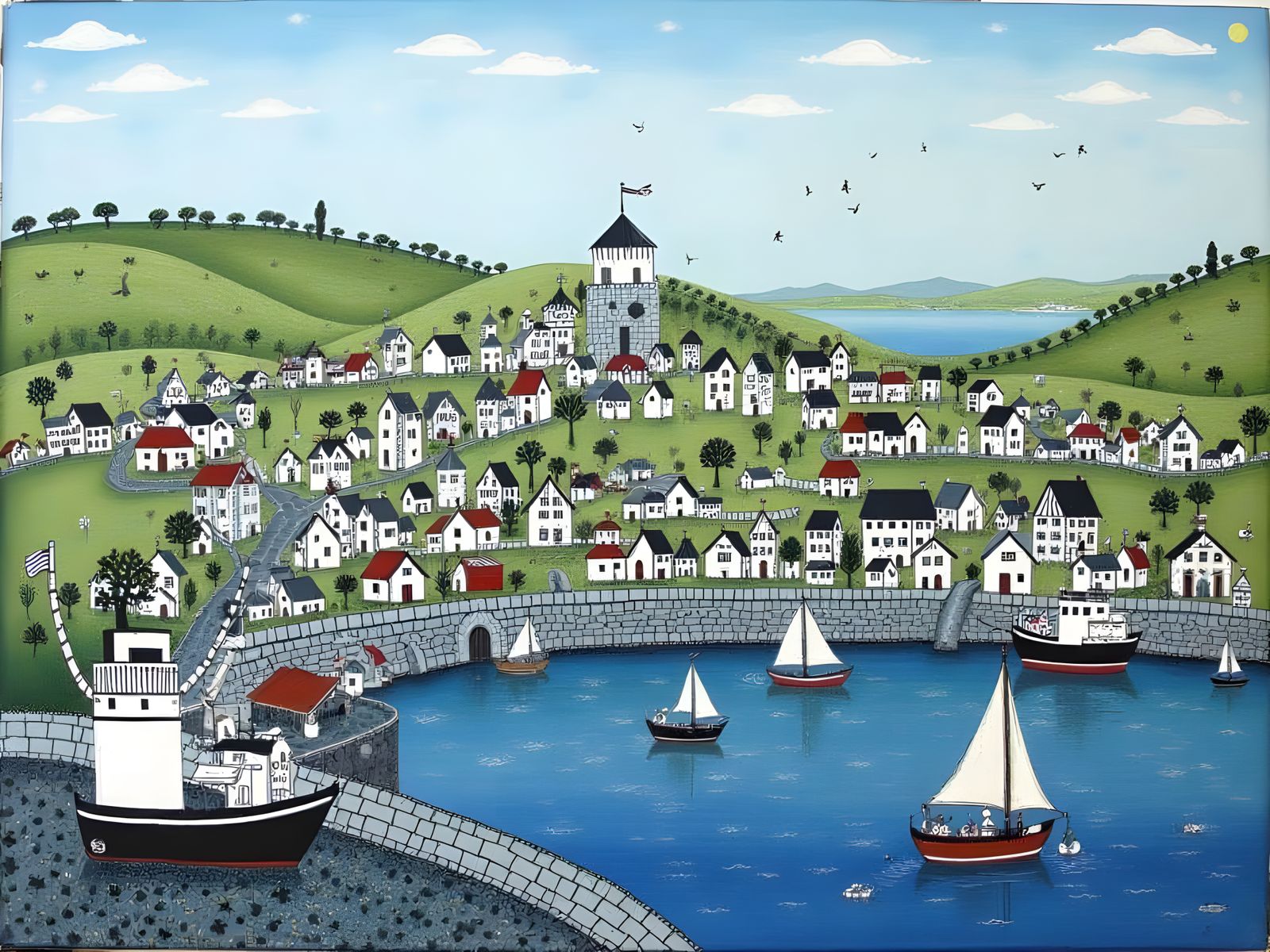 Whimsical Scottish Seaside Town with Fishing Boats