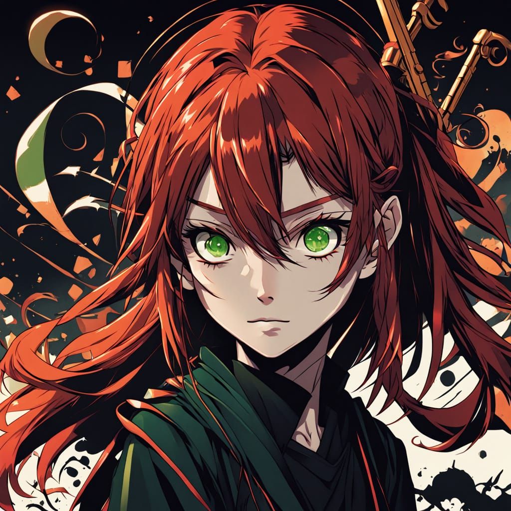 Mysterious Half-Japanese Teen Girl with Red Hair and Green E...