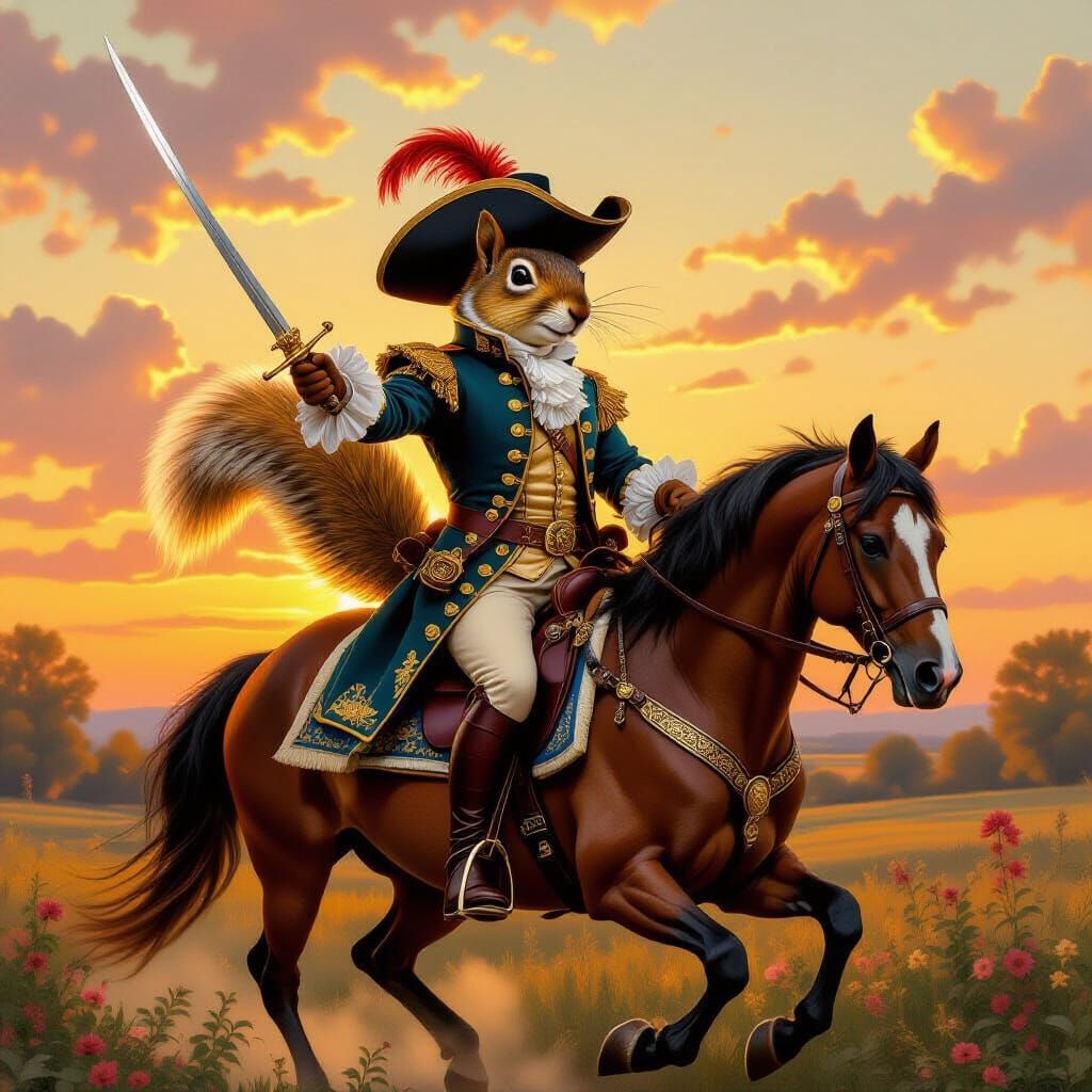 Squirrel Musketeer Rides into Sunset: Fragonard Style