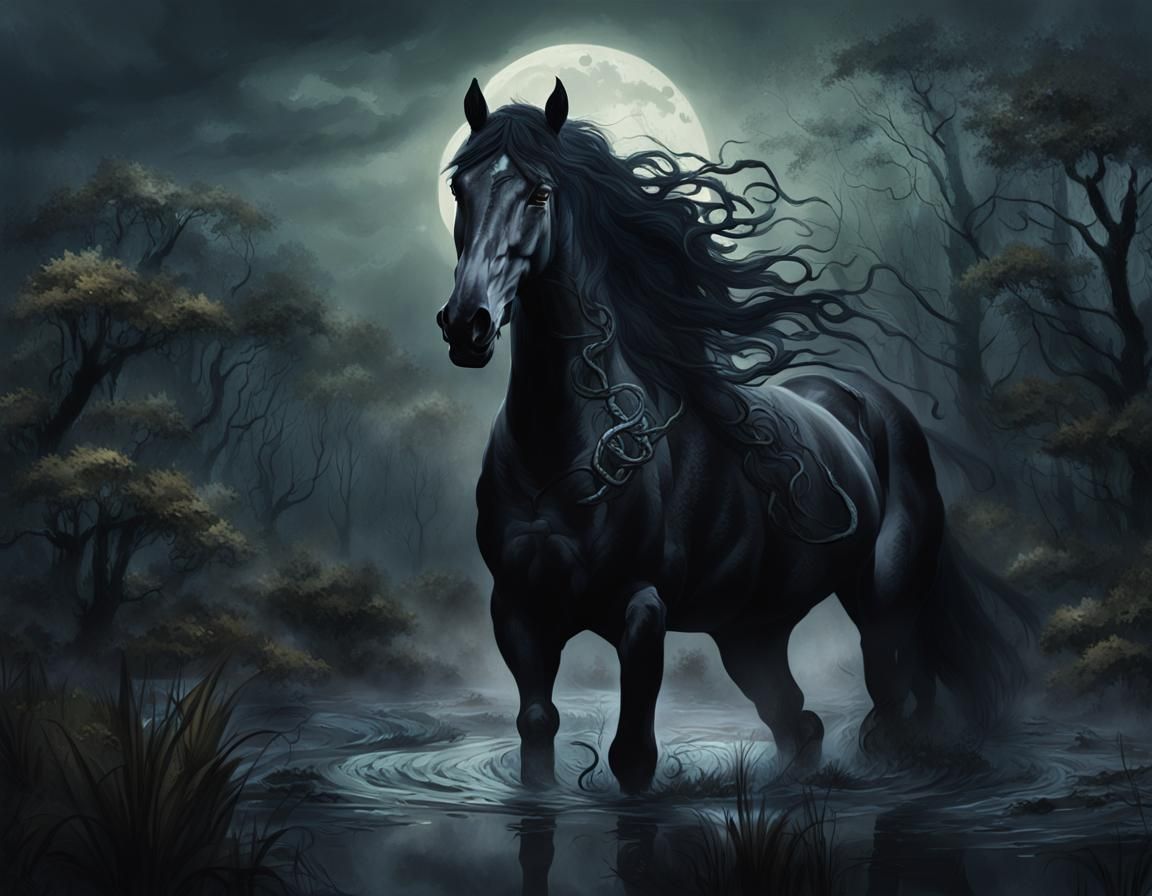 Serpentine Horse Emerges from Moonlit Swamp
