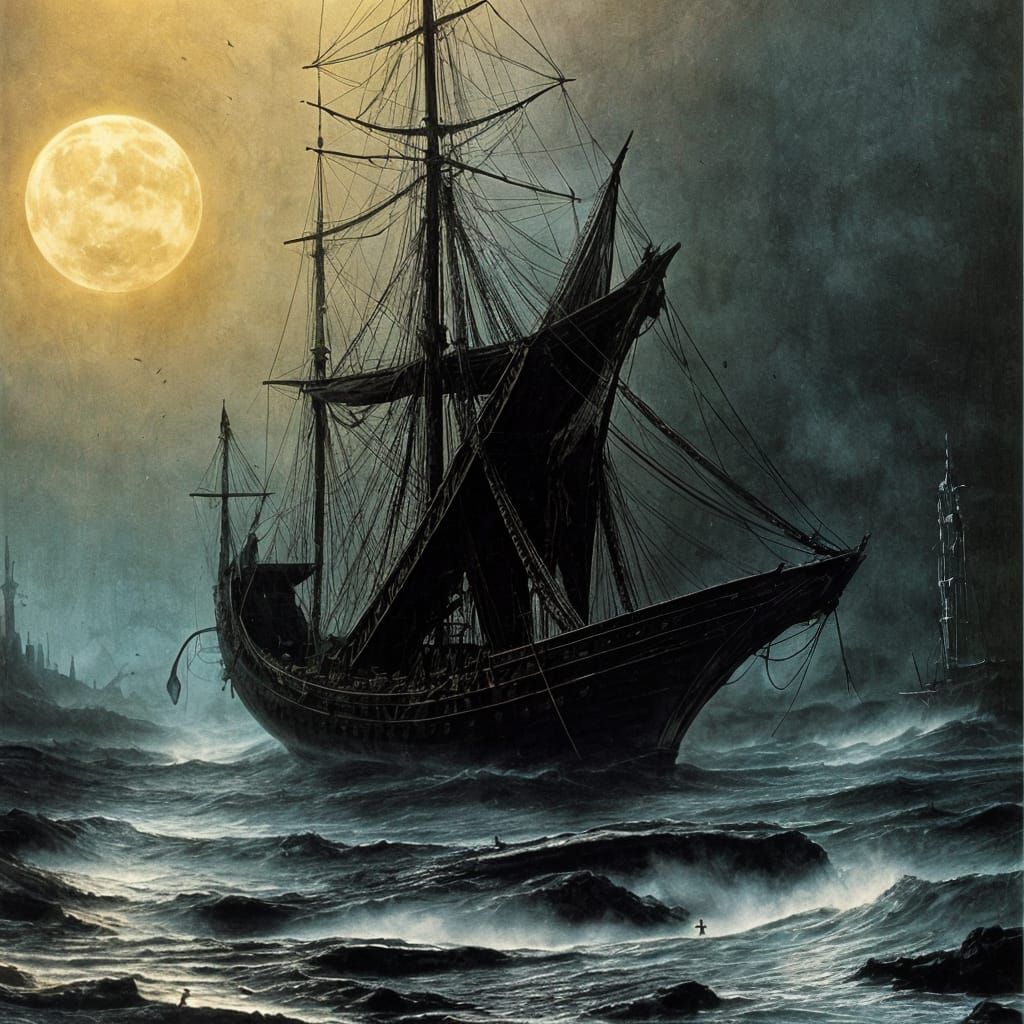 Viking Drakkar Ship on a Foggy Moonlit Night