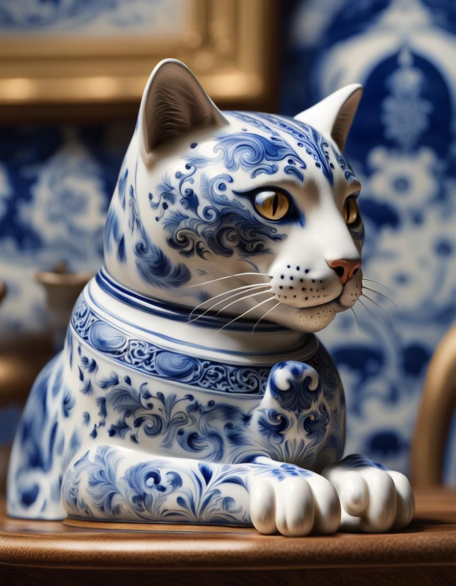 Delft Ceramic Cat in Dutch Golden Age Style