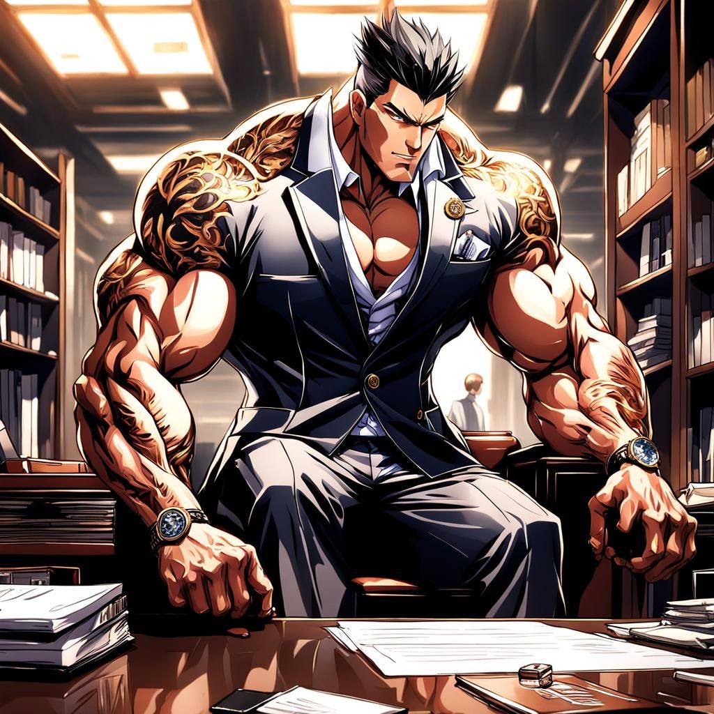 Anime Style: Powerful Businessman in Opulent Office