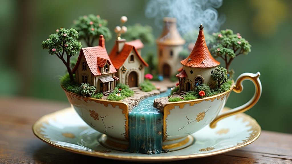 Whimsical Miniature Village in Antique Teacup