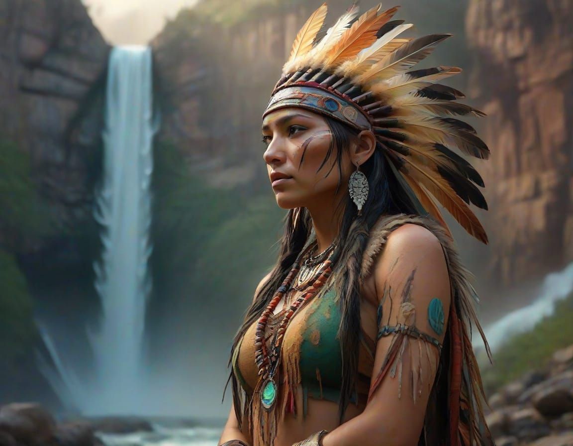 American Native by the waterfall.