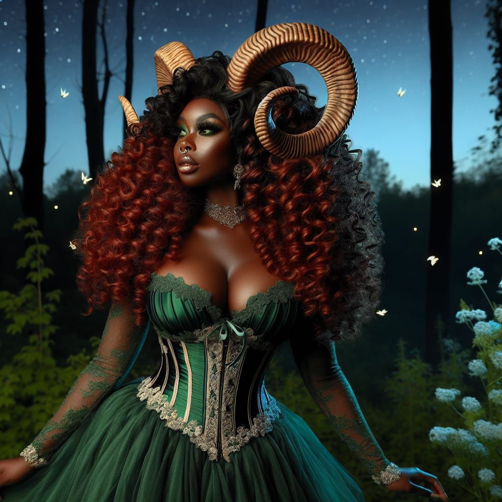 Forest Spirit: Woman with Ram Horns in Moonlight