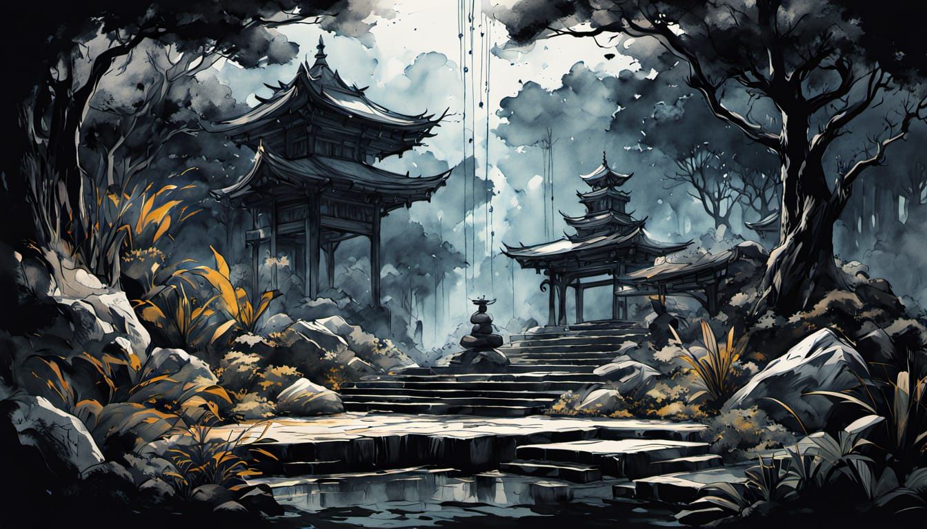 Watercolor Karate Student Meditates in Zen Garden