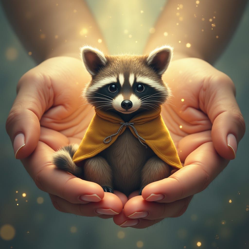 Magical Raccoon in God's Hands, Dreamlike Art