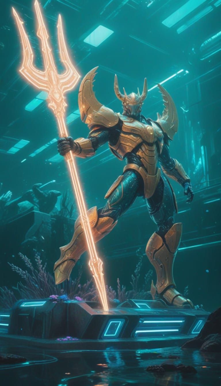 Cyberpunk Poseidon in High-Tech Underwater Base