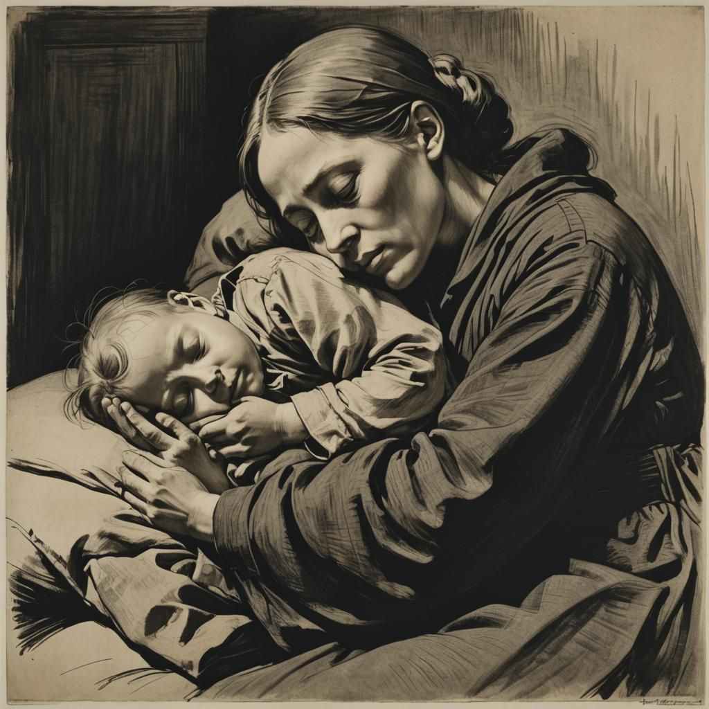 Mother and Child Embrace in Expressionist Style