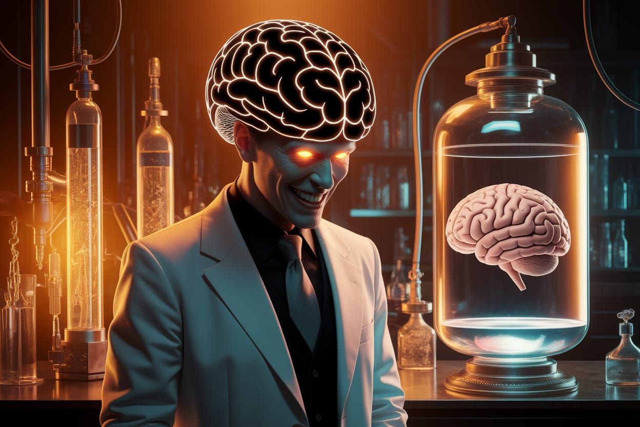 Evil Scientist with Brain Hat in Laboratory