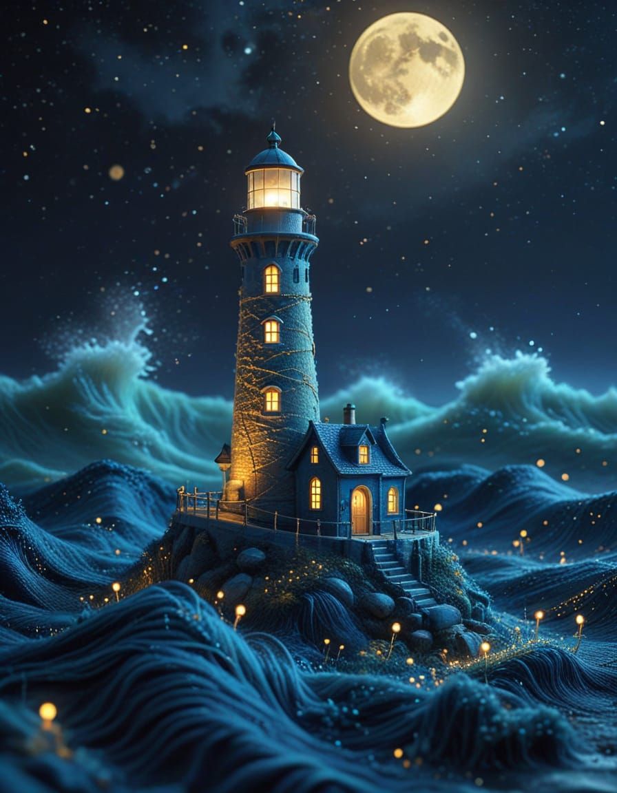 Whimsical Lighthouse Under Starry Night Sky