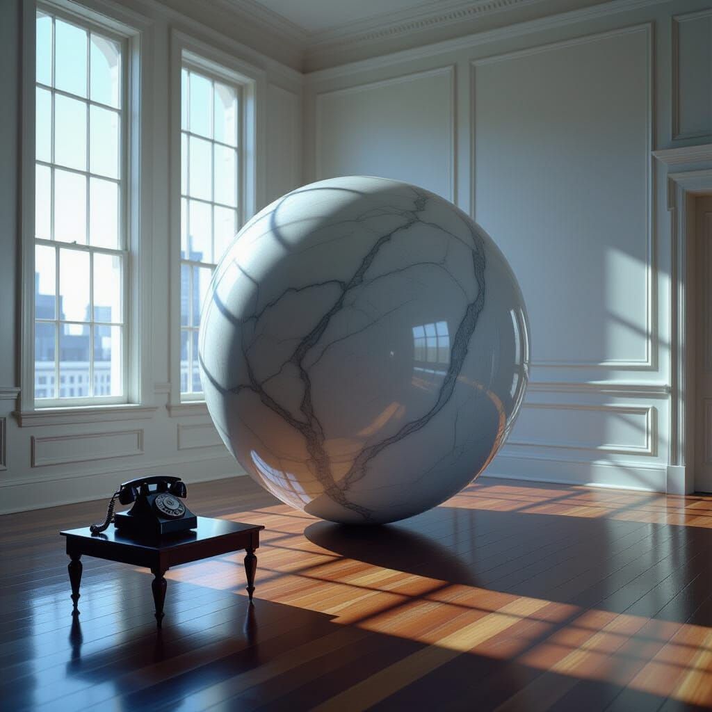 Giant Marble Sphere in Moonlit Room with Vintage Telephone