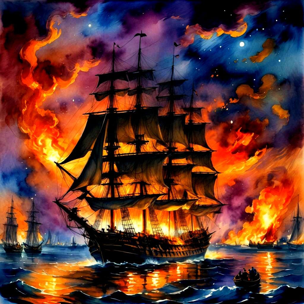 Burning Sailing Ship at Night: Watercolor Painting
