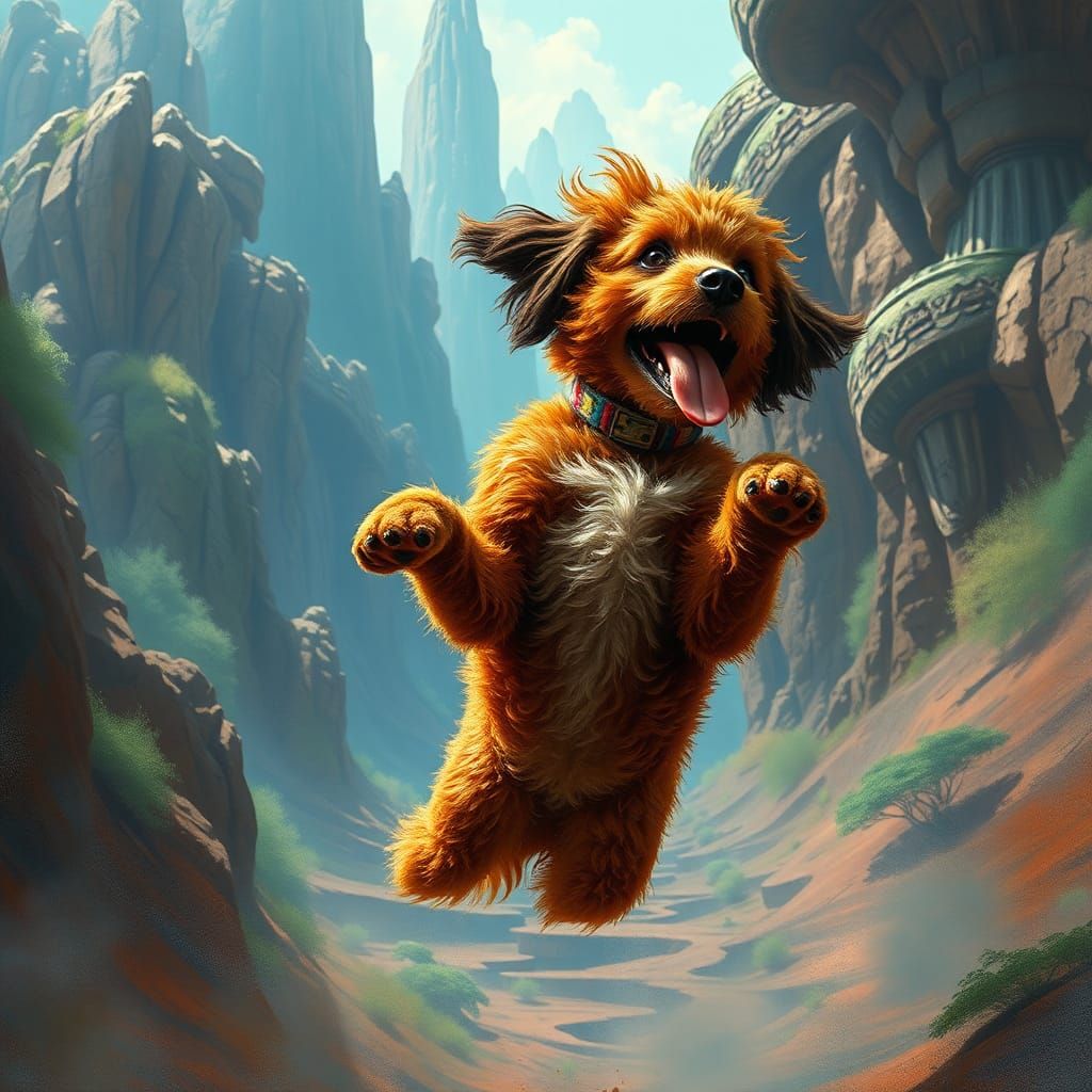 Dog's Joyful Leap: A Matte Painting in Futuristic Style