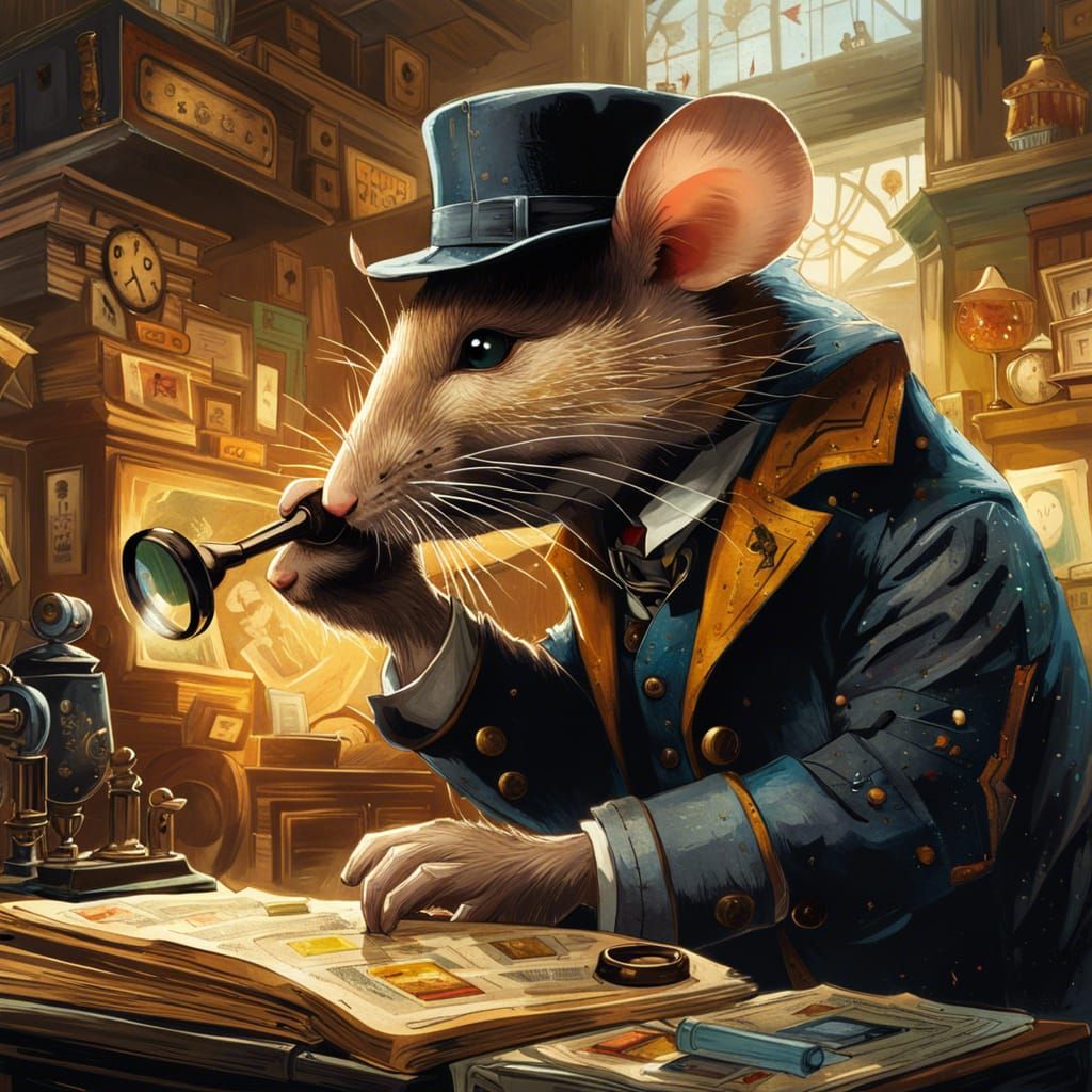 Detective Mouse Inspecting Clue, Detailed Digital Art