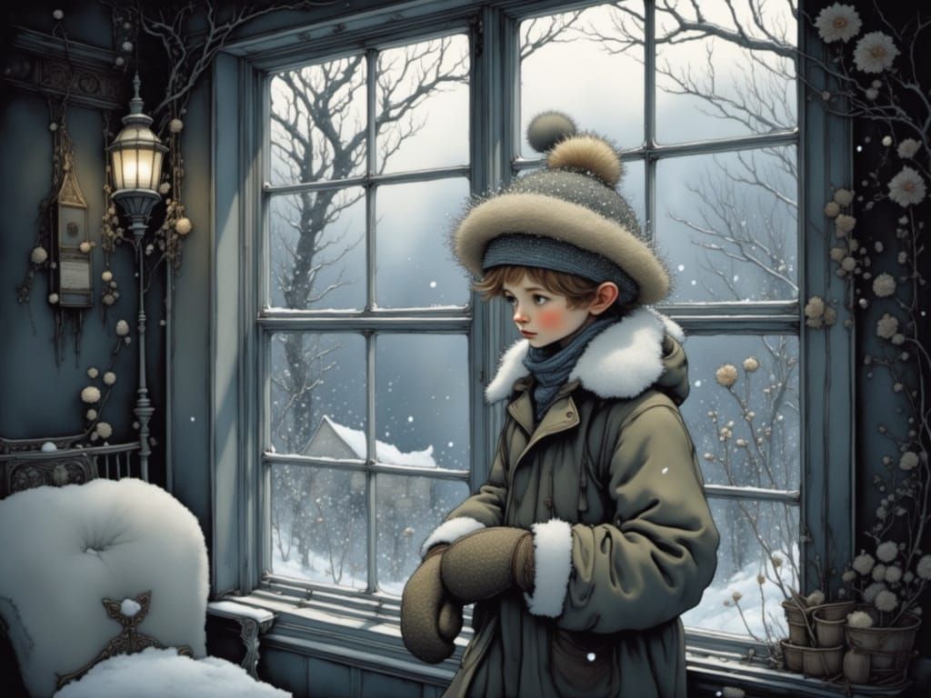 A Cozy Winter Moment: Snowflakes Dance by the Window