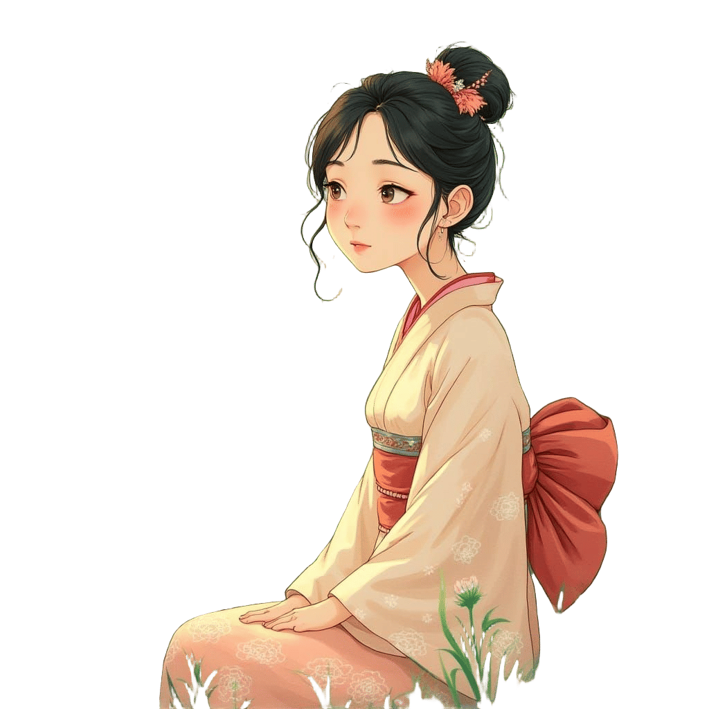 Whimsical Woman in Pastel Kimono, Ghibli Style