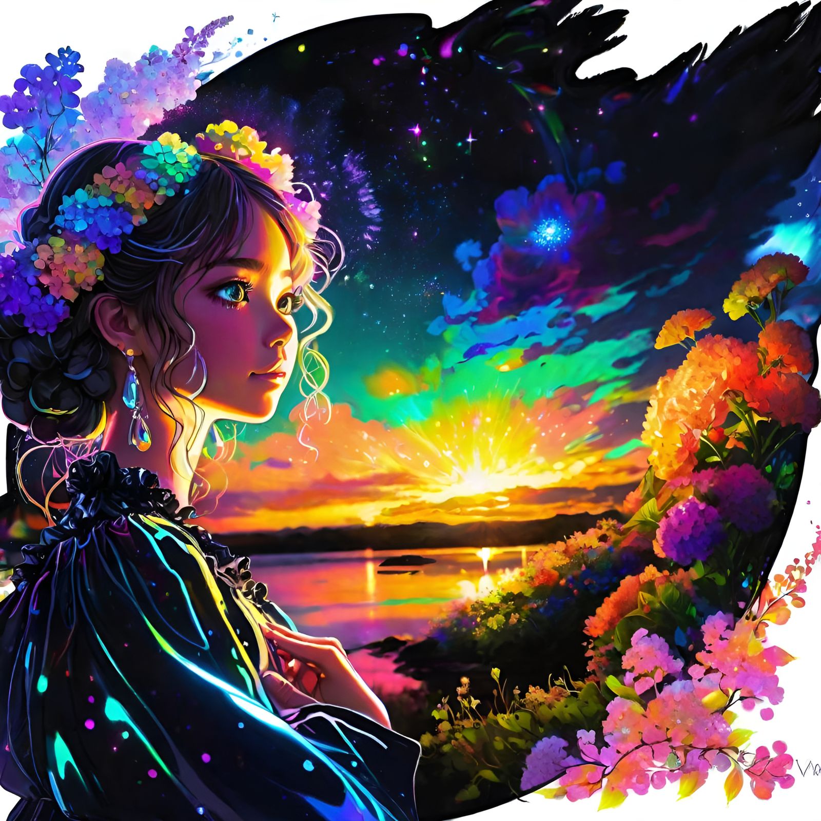 Anime Girl with Bioluminescent Hydrangea in Black Light Art