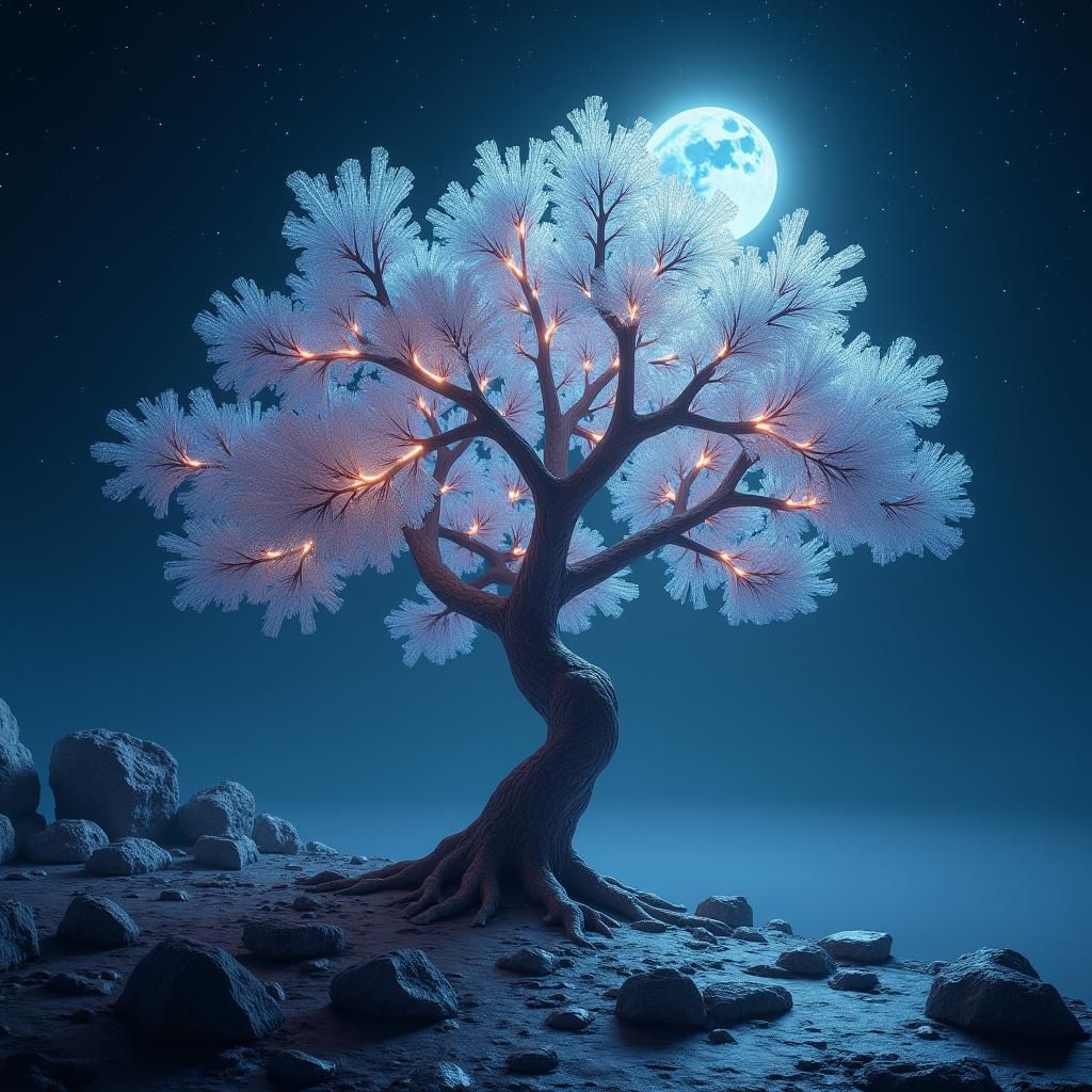 Moonlit Crystal Tree in Dreamy Fantasy Landscape