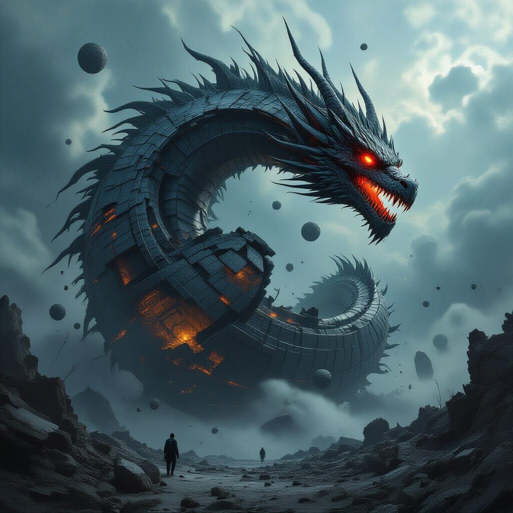 Biomechanical Dragon Coiled Around Shattered Planetoid