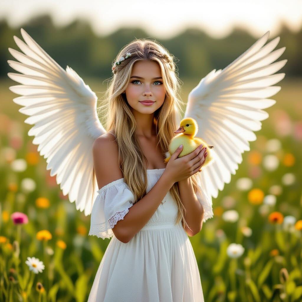 Young Valkyrie with Duckling in Meadow, Photography Style