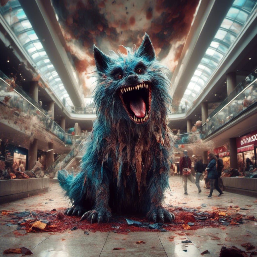 Colorful Furry Monster Tantrum in Mall, Hyperrealistic