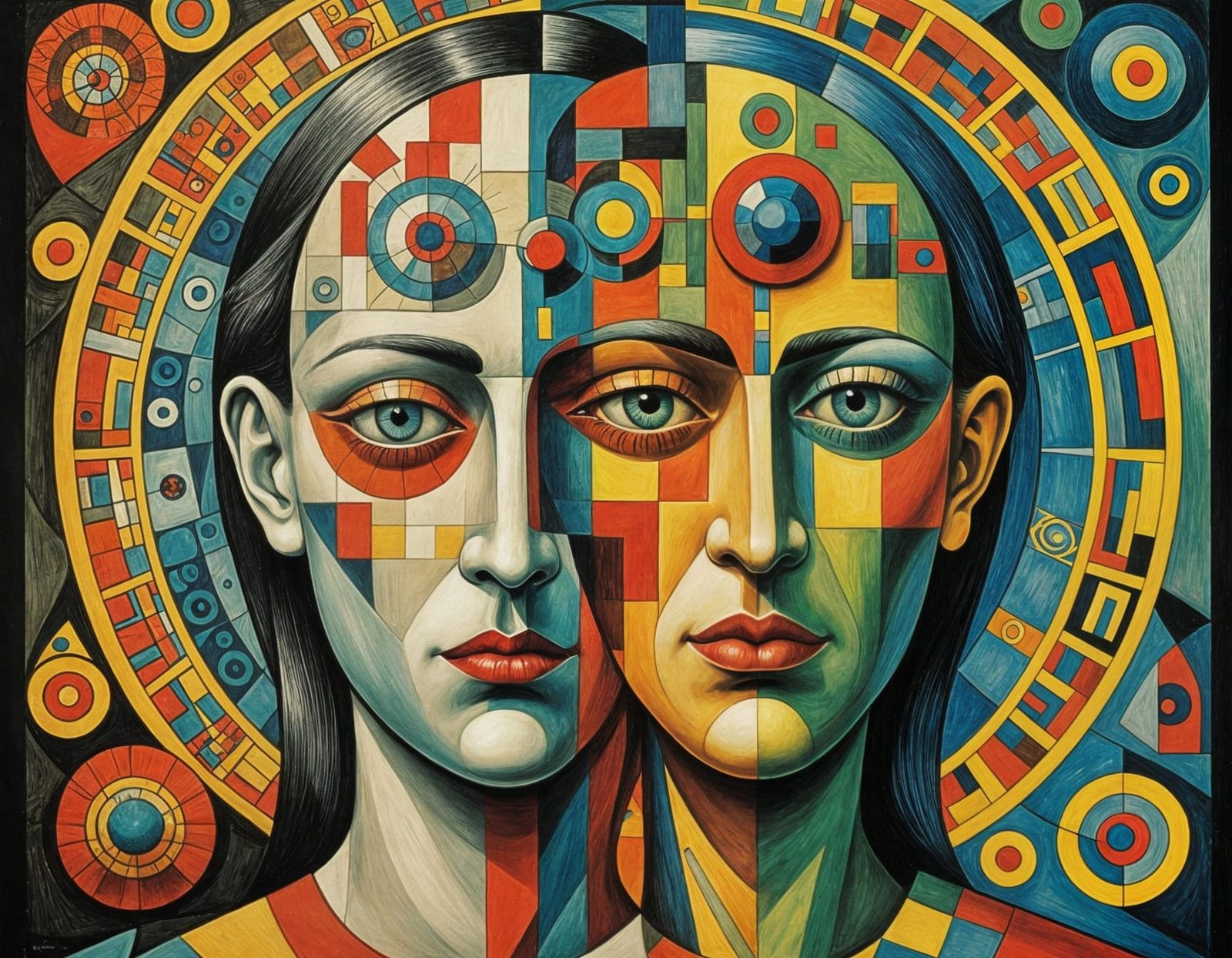 Cubist Bauhaus Janus Face Hyper-Fluorescent Poster Art