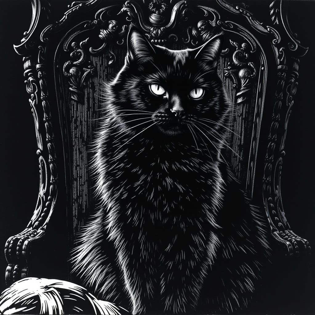 Aubrey Beardsley-Inspired Ink Drawing of a Regal Black Cat
