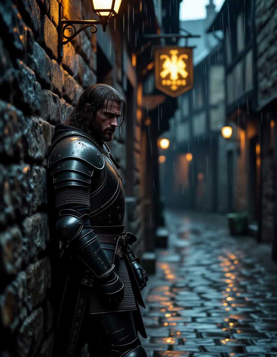 Grizzled Knight in Gritty Alleyway, Cinematic Film Still