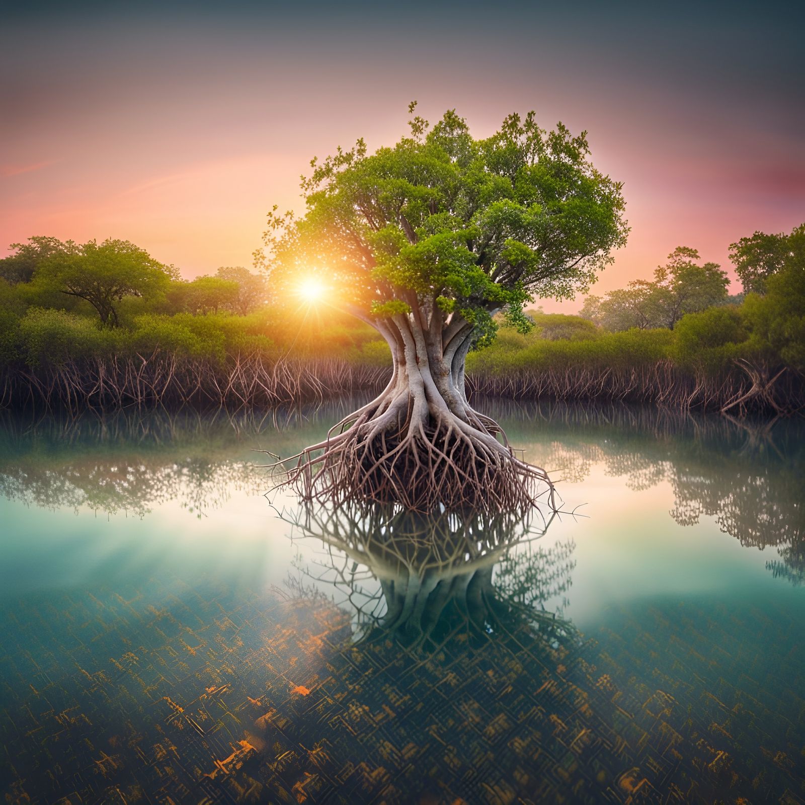 Pastel Sunset Over Sunken Mangrove Forest