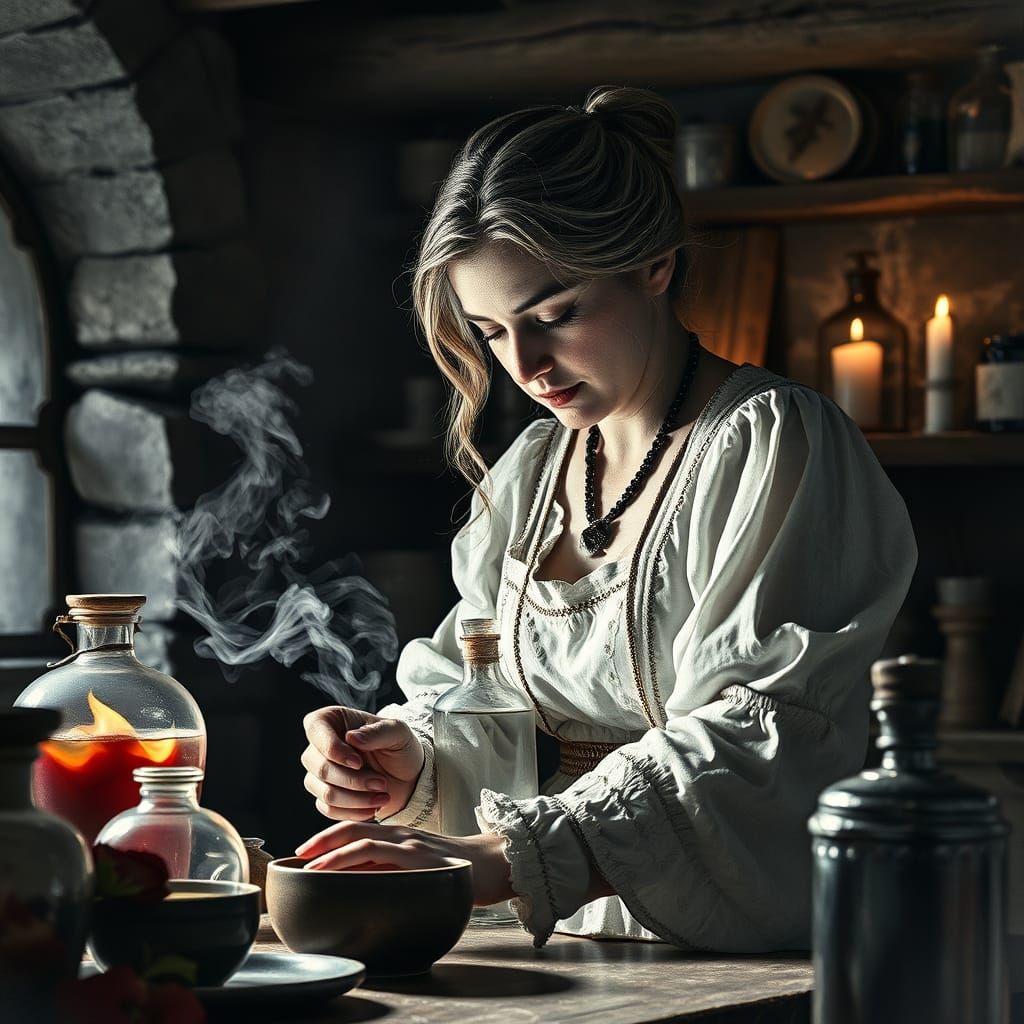 Monochromatic Watercolor: Woman's Medieval Love Potion