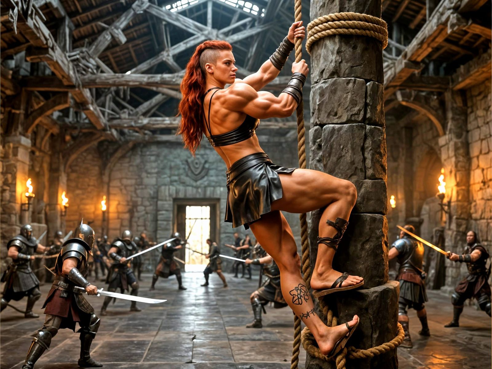 Muscular Amazon Warrior Climbing Rope in Training Hall