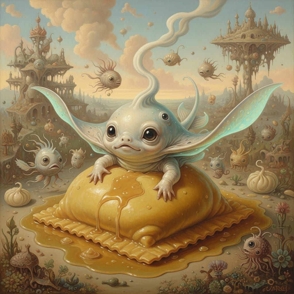 Alien Stingray Baby in Giant Ravioli, Surreal Art