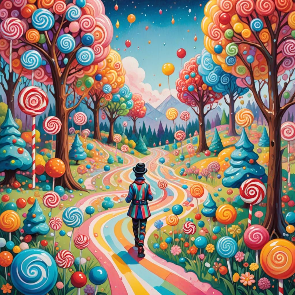 Gouache Painting of a Harlequin in Candyland