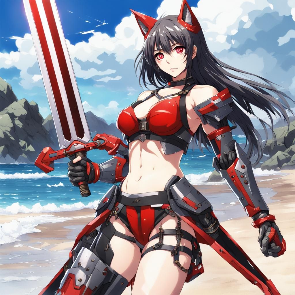 Anime Girl Warrior with Sci-Fi Armor on Beach