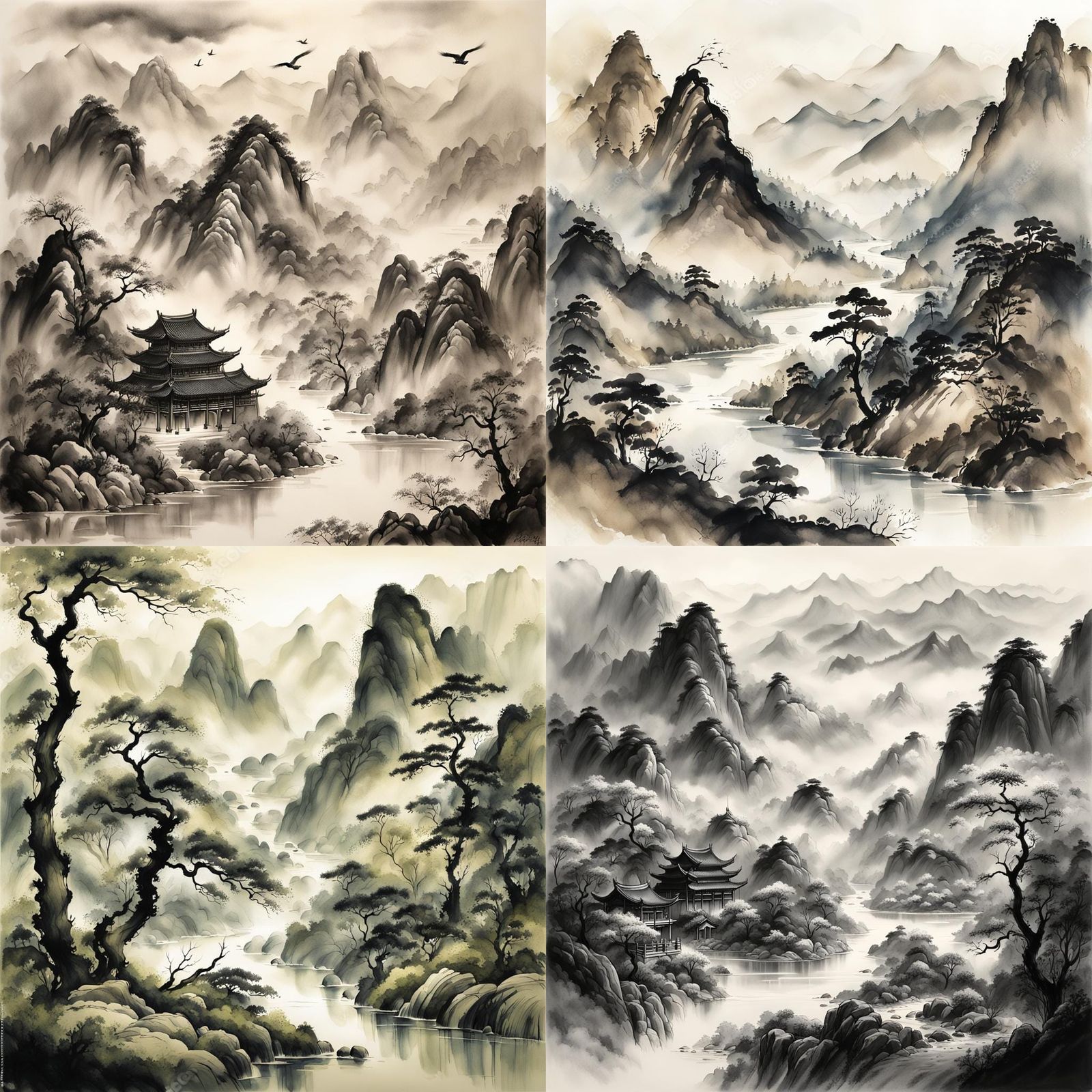 Detailed Chinese Landscape Painting in Black and White