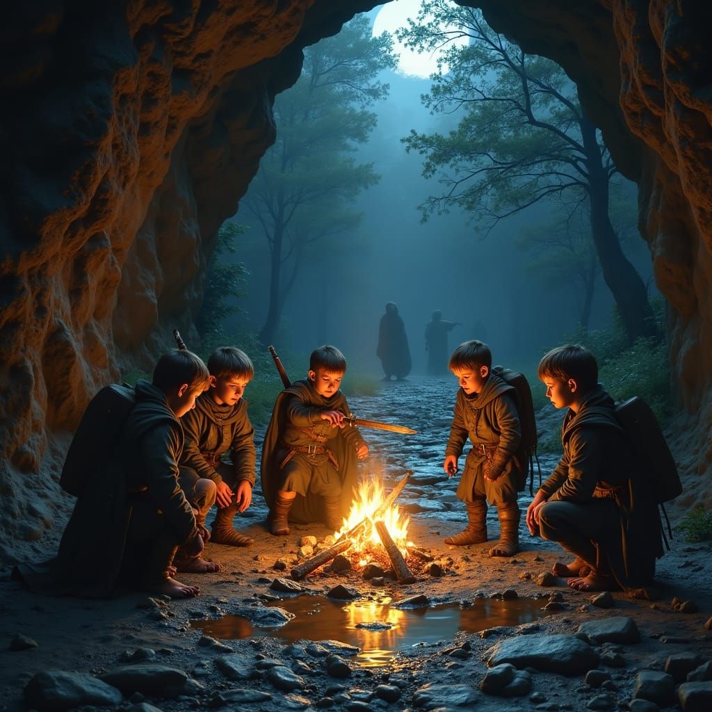 Medieval Young Outcasts Gather Around a Flickering Campfire