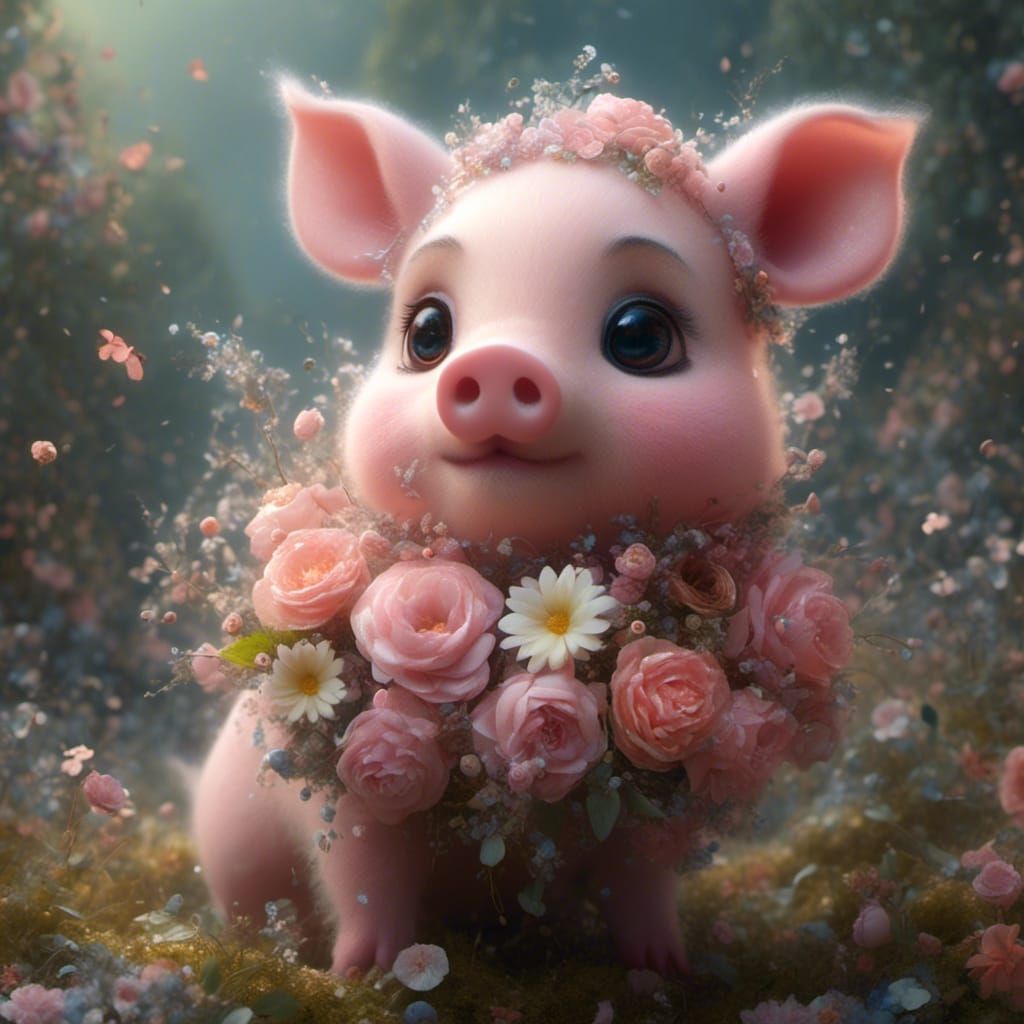 Whimsical Stuffed Piglet with Flower Crown