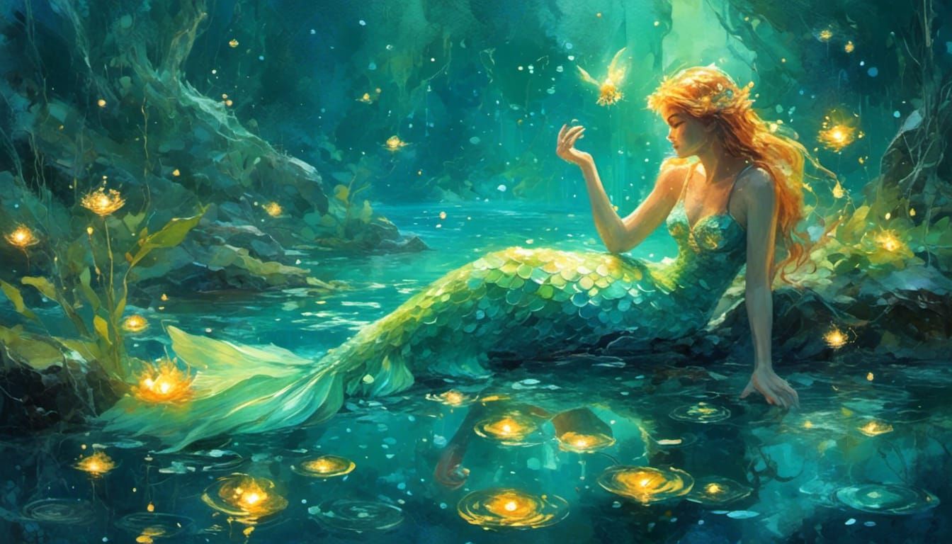 Mermaid in Magical Lagoon: Gouache Impressionist Style