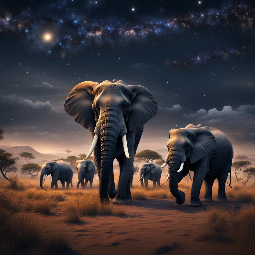 Elephant Migration Under Starry African Sky