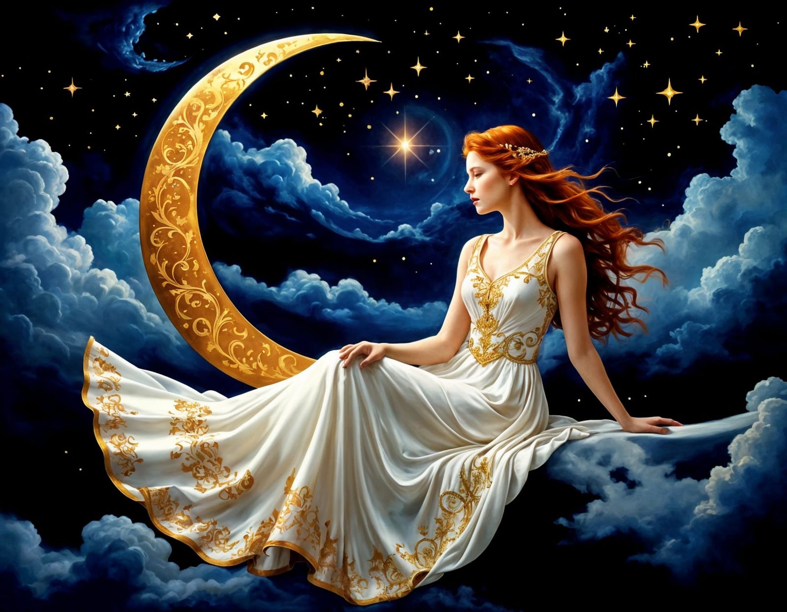 Elegant Woman on Crescent Moon: Fantasy Concept Art