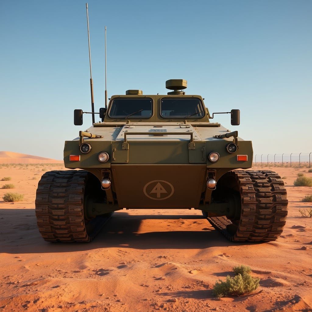 Realistic Military Tracked Vehicle Dominates Arid Landscape