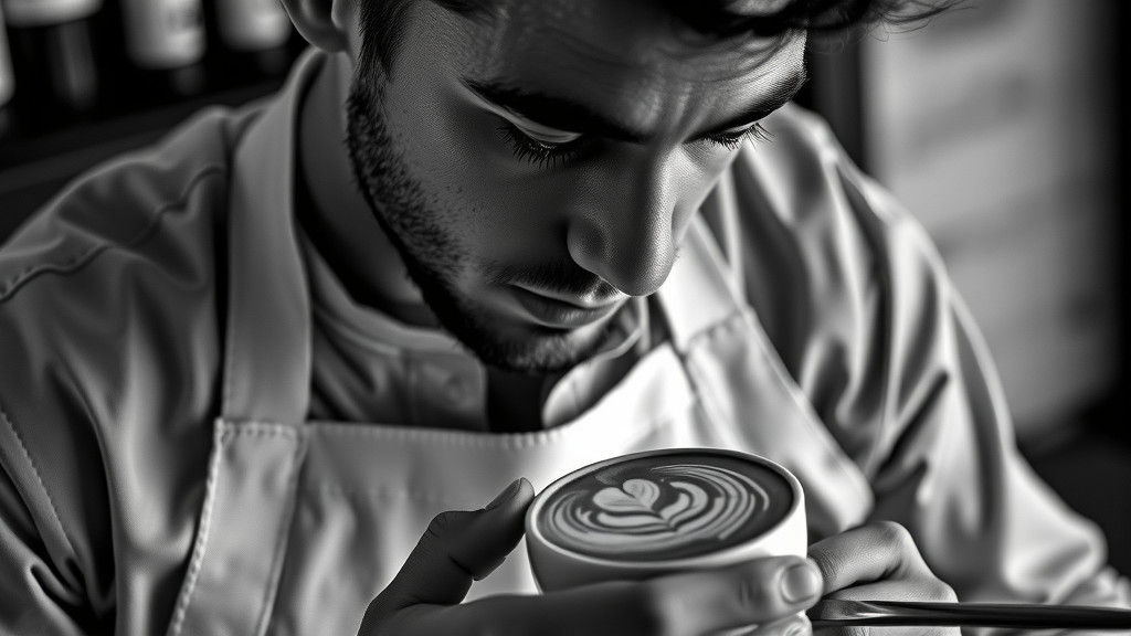 Barista's Latte Art in Black and White Photography