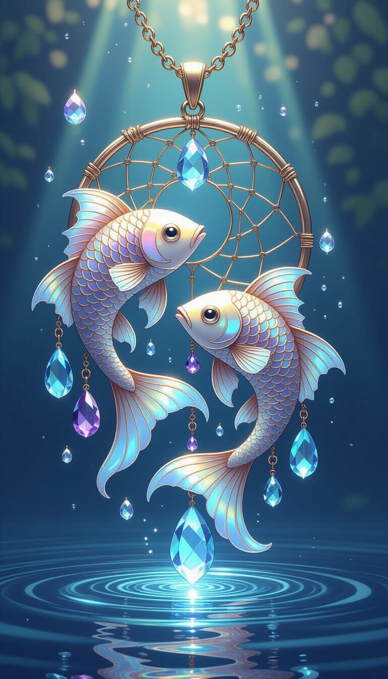 Pisces-Inspired Dreamy Double-Fish Pendant with Aquamarine