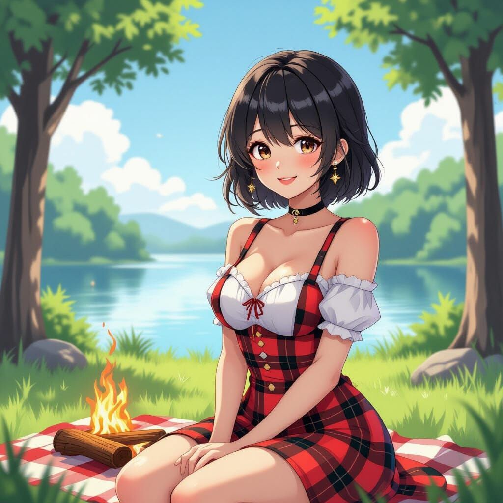 Anime Woman at Campsite in Black and White Line Art